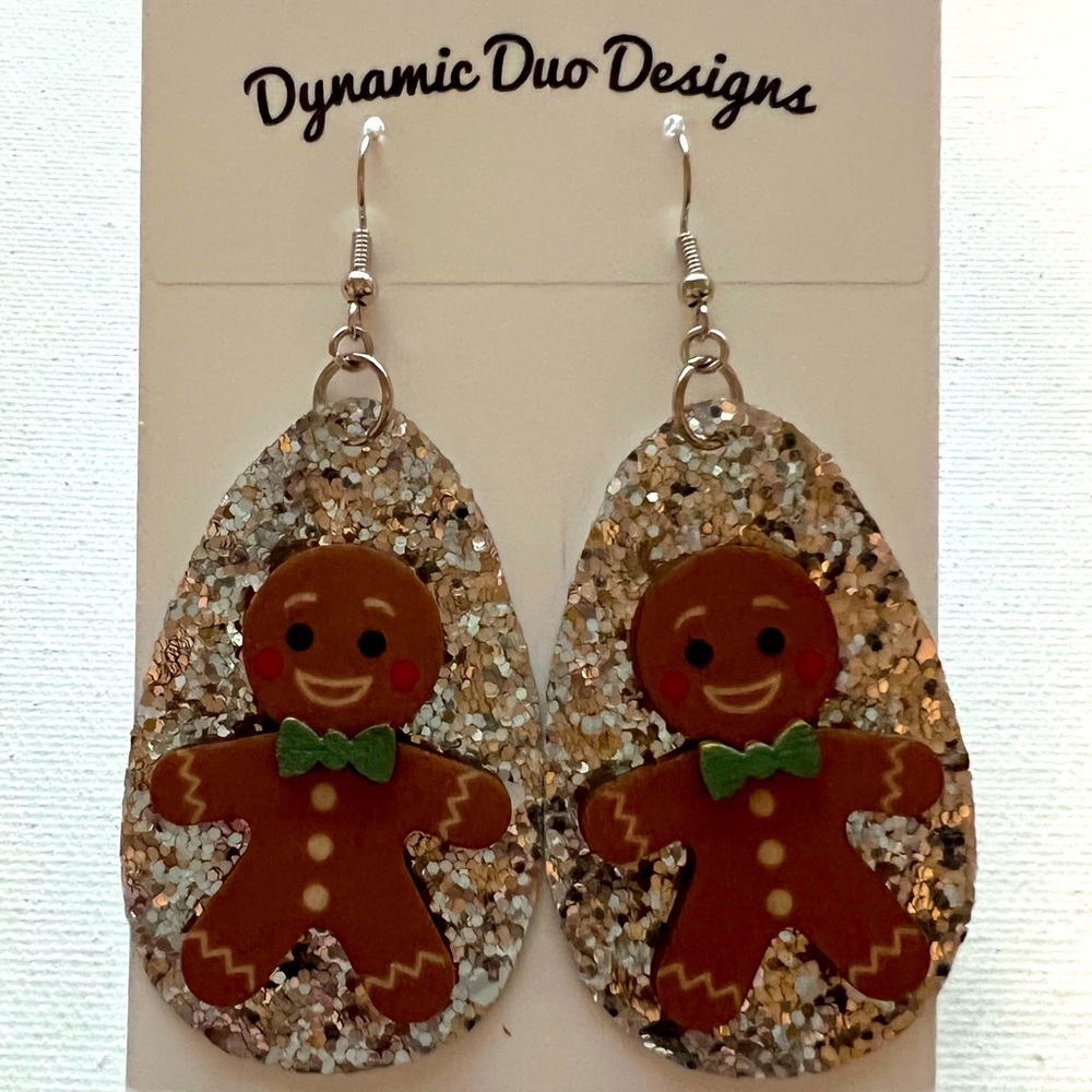 Christmas Gingerbread with green tie silver glitter earrings - Picture 5 of 6